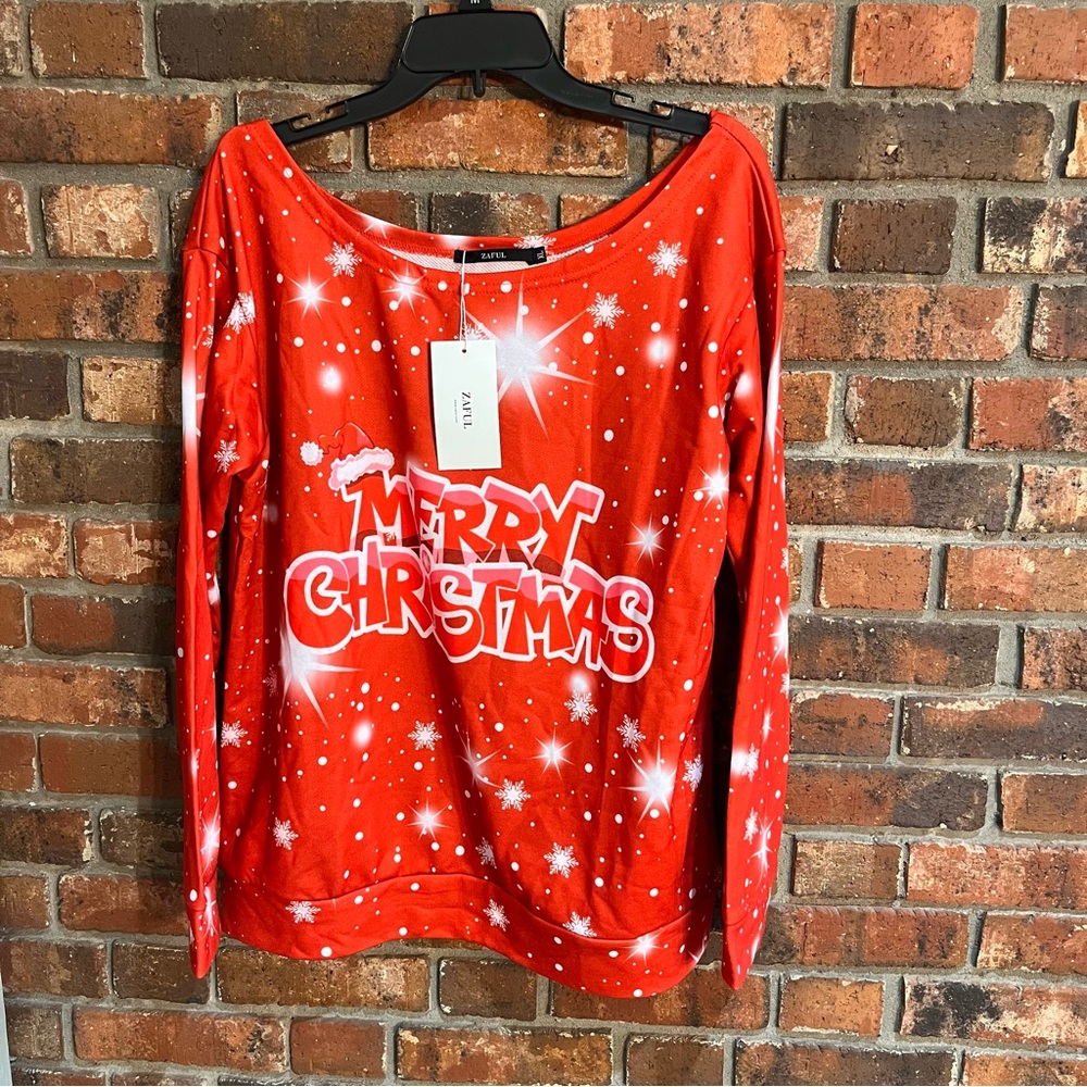 NWT Zaful womens Christmas holiday drop shoulder sweatshirt red XL